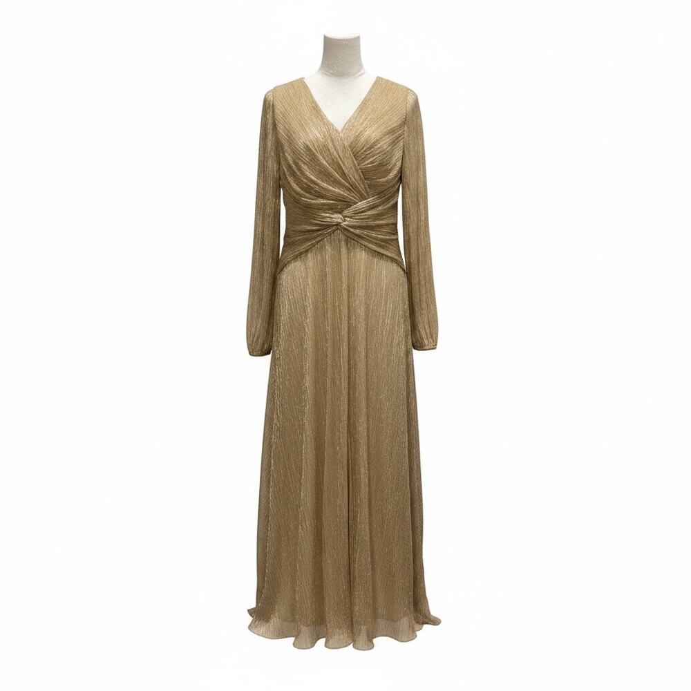 Oleg Cassini Full Length Dress Size 14 Gold with Long Sleeves